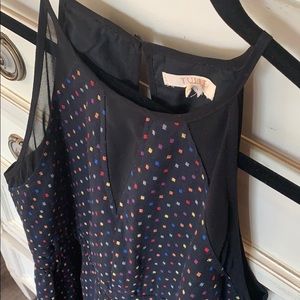 Black dress with multicolor print and sheer panels